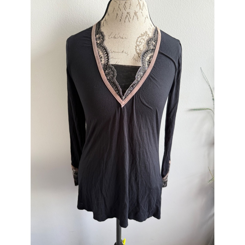 Soma‎ Long Sleeve Top Black Lace Trim V Neck Blouse Womens XS